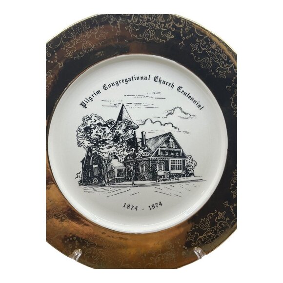 Pilgrim Congregational Church Centennial Commemorative Plate 1874-1974 Gold Trim - Picture 3 of 7